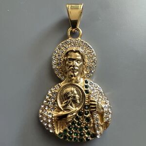 Saint Jude Thaddeus Pendant Gold Stainless Steel 24” Chain Jesus Cubic Zirconia